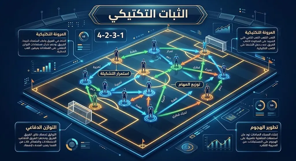 إنفوجرافيك تكتيكي رياضي يوضح استمرار التشكيلة الأساسية وتوزيع المهام الفنية على لوحة تخطيط خضراء بأسهم مضيئة.