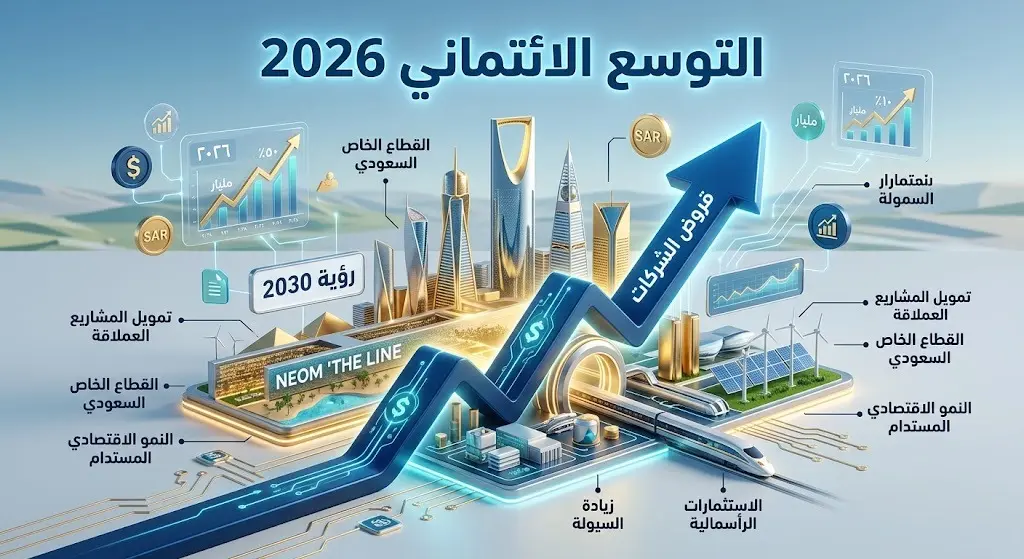 إنفوجرافيك ثلاثي الأبعاد يعرض التوسع الائتماني للبنوك السعودية في تمويل مشاريع رؤية 2030 والشركات، مع أسهم صاعدة وبيانات مالية متقدمة.