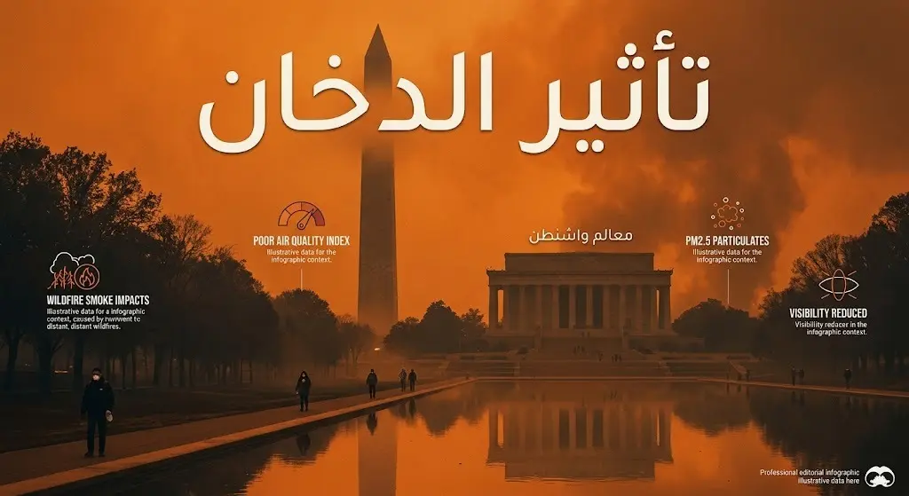 مشهد درامي يظهر النصب التذكارية في العاصمة واشنطن وهي تختفي خلف سحب الدخان البرتقالي الكثيف بسبب حرائق الغابات.