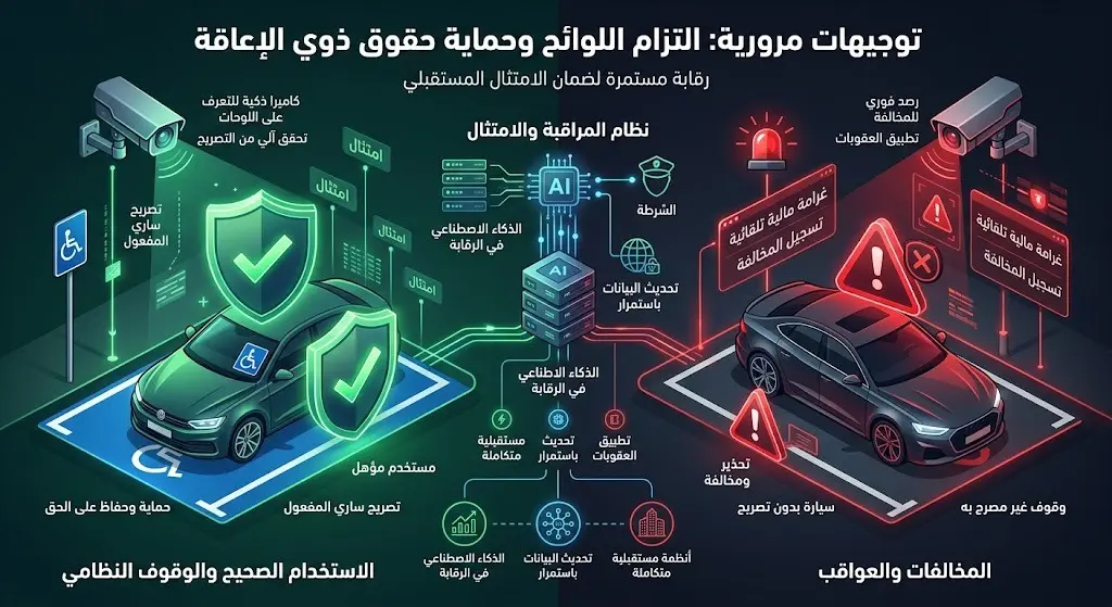 تصميم مفاهيمي يبرز استمرار الرقابة المرورية لحماية حقوق الأشخاص ذوي الإعاقة والالتزام بالأنظمة