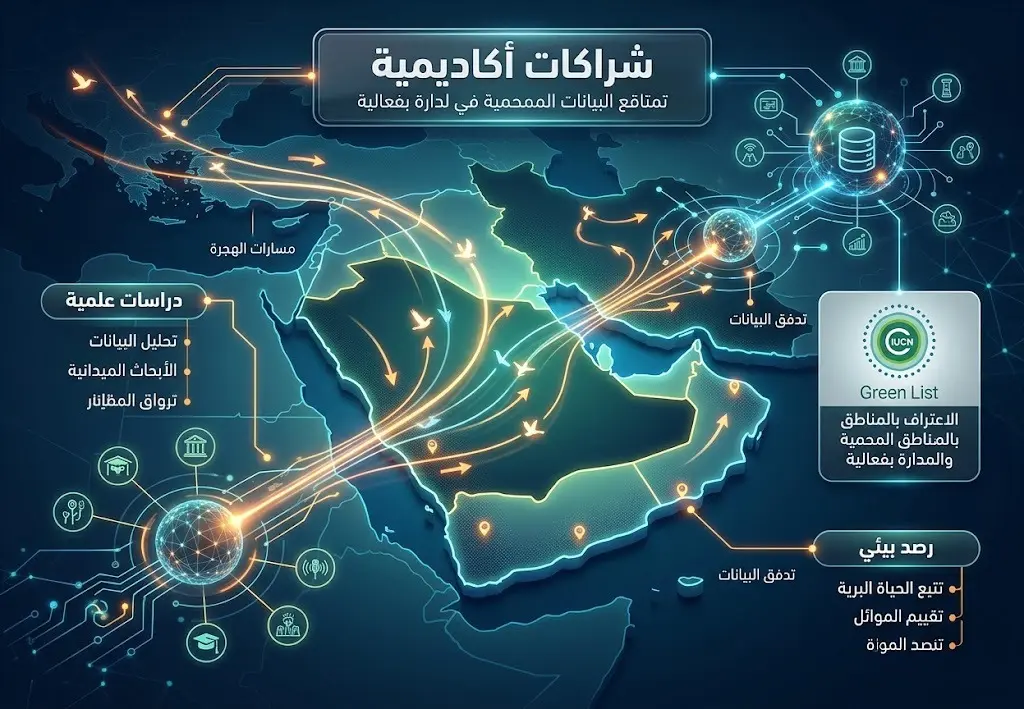 تصميم بياني حديث يوضح مسارات هجرة الطيور في شبه الجزيرة العربية مع عناصر تعبر عن قواعد البيانات والشراكات البحثية الأكاديمية ونصوص عربية واضحة.