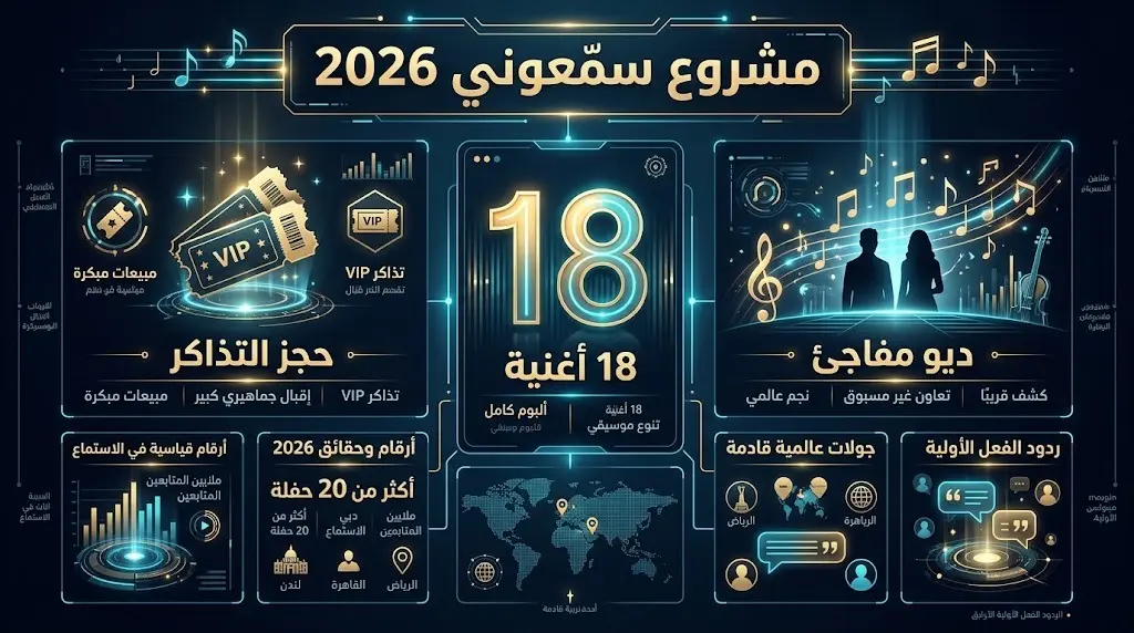إنفوجرافيك يستعرض تفاصيل ألبوم سمّعوني 2026 والمفاجآت الفنية القادمة في جدة.