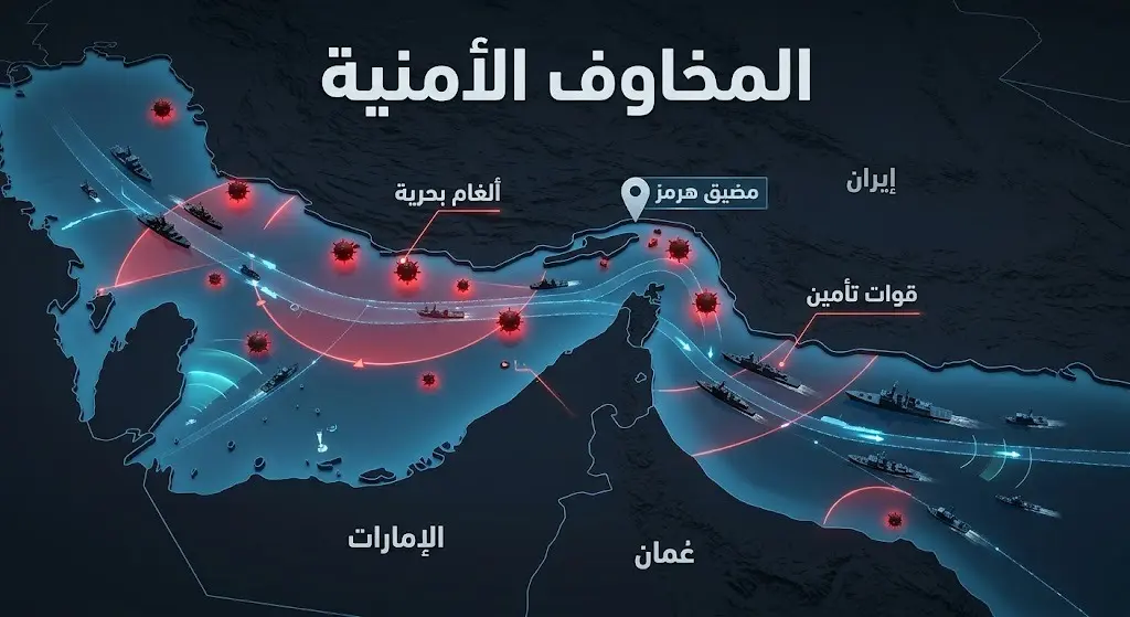 خريطة تفاعلية ومشهد تعبيري يستعرض التهديدات الأمنية في مضيق هرمز، موضحاً مواقع الألغام البحرية وتحركات القوات العسكرية