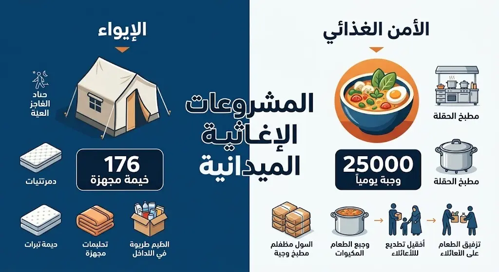 تصميم معلوماتي يستعرض المشروعات الإغاثية السعودية المستمرة في غزة وتحديداً الخيام الإيوائية والوجبات الساخنة.