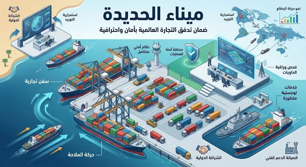 تصميم إنفوجرافيك يوضح استمرار حركة السفن التجارية وعمليات الشحن بسلام في ميناء الحديدة.