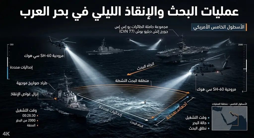 رسم تعبيري لعمليات البحث والإنقاذ الليلية التي ينفذها الأسطول الخامس الأمريكي باستخدام السفن والمروحيات في مياه بحر العرب.