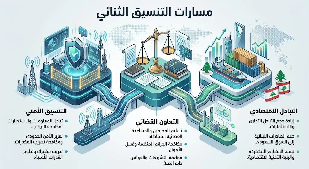 تصميم بصري يستعرض ركائز التنسيق الثنائي السعودي اللبناني والتي تشمل الجوانب الأمنية، القضائية، والاقتصادية