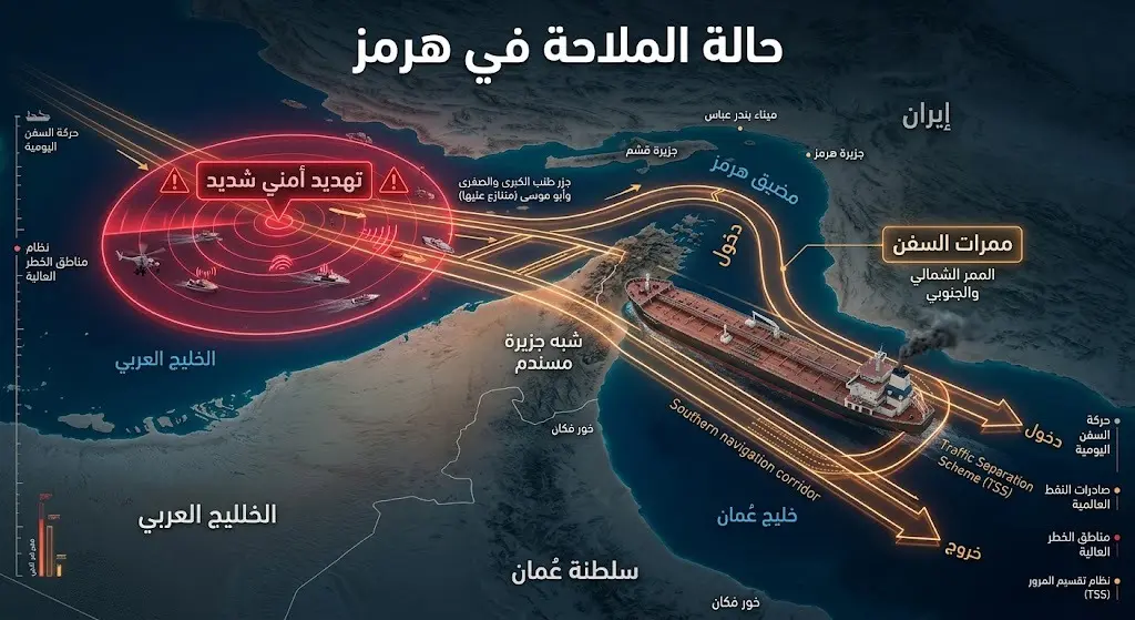 إنفوجرافيك ثلاثي الأبعاد يوضح مسارات الملاحة في مضيق هرمز ومستوى التهديد الأمني الشديد المحيط بالسفن التجارية.