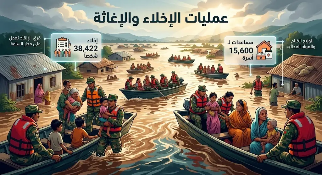 تصميم بصري يدمج بين مشهد لعمليات الإنقاذ والإغاثة في بنغلاديش وإحصائيات توضح نقل أكثر من 38 ألف شخص لمراكز الإيواء وتقديم المساعدات للآلاف.