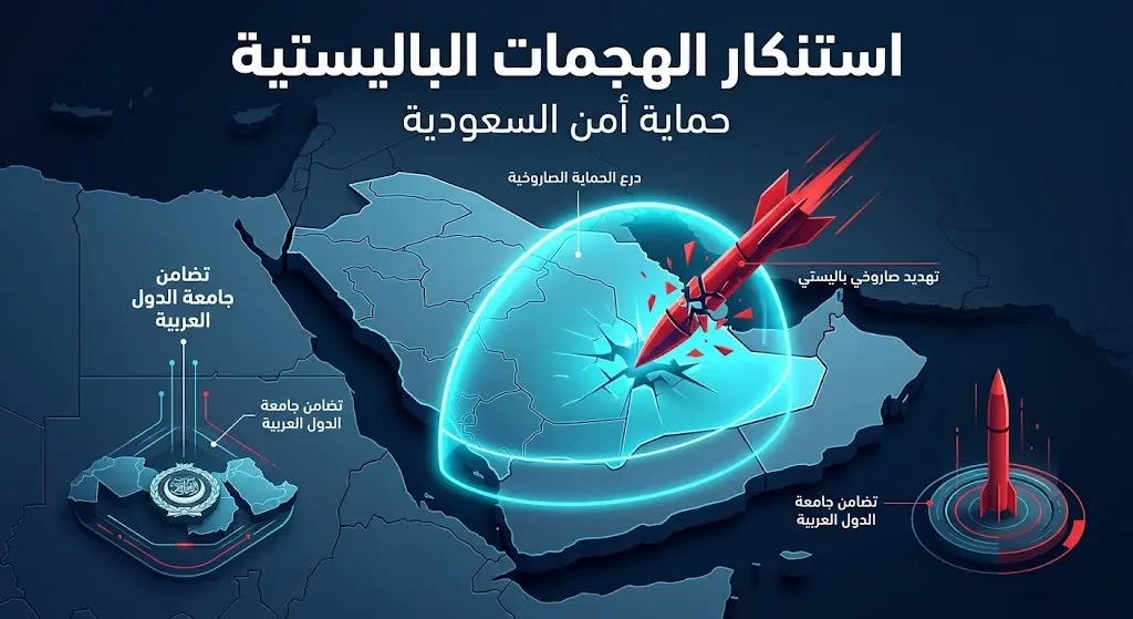 تصميم إنفوجرافيك يوضح استنكار جامعة الدول العربية للهجمات الباليستية على جنوب السعودية، مع خريطة مفاهيمية ودرع حماية.
