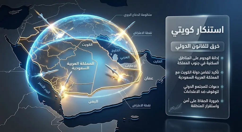 تصميم إنفوجرافيك يوضح استنكار الكويت لهجمات الحوثيين الصاروخية على جنوب السعودية، مع درع تقني رمزي يتصدى للتهديدات فوق خريطة المملكة.