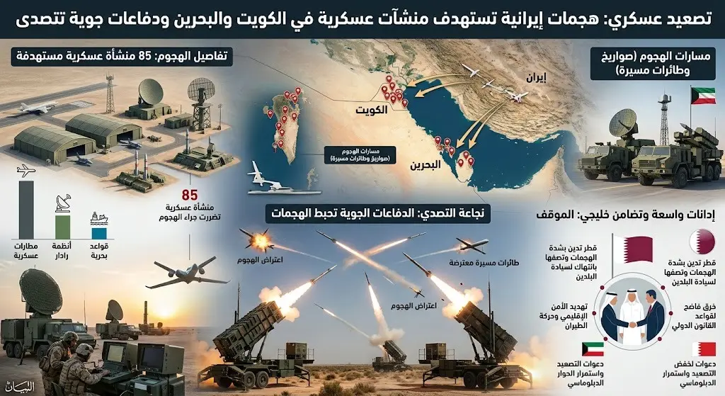 استهداف 85 منشأة عسكرية في الكويت والبحرين بهجوم إيراني والدفاعات الجوية تتصدى