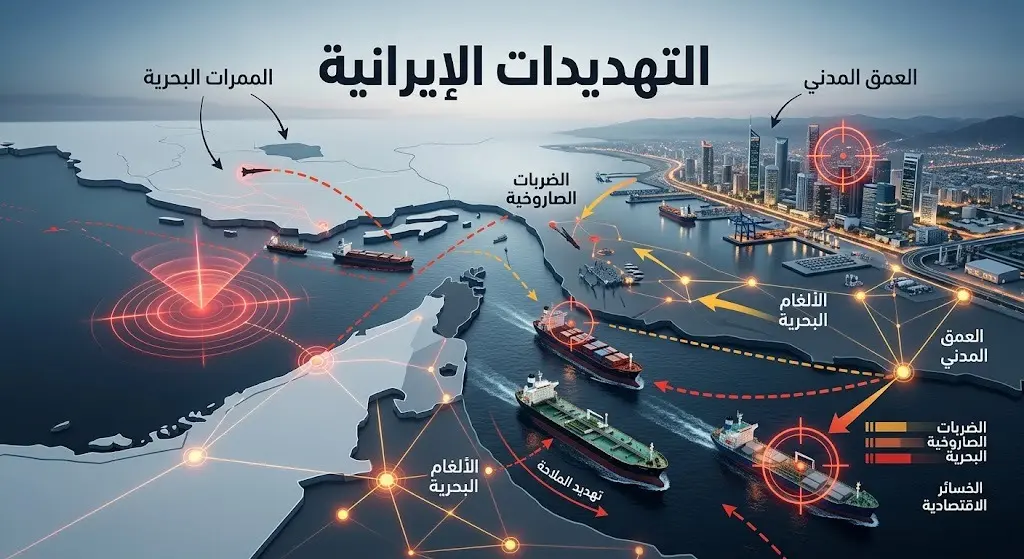 تصميم إنفوجرافيك تعبيري يبرز التهديدات الموجهة للممرات البحرية والعمق المدني