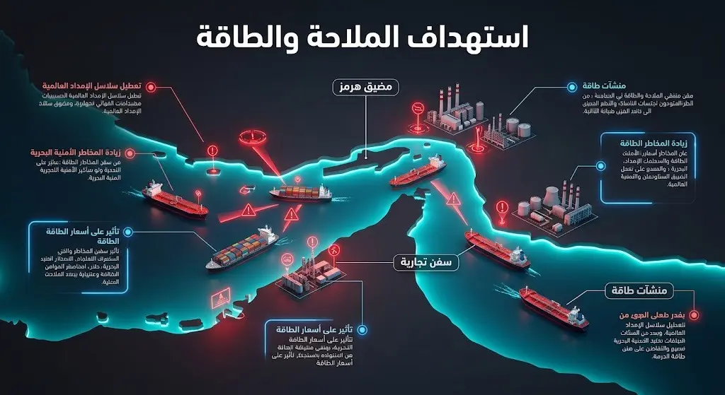 تصميم إنفوجرافيك يوضح خريطة مضيق هرمز مع مؤشرات بصرية لاستهداف السفن التجارية ومنشآت الطاقة الإقليمية.