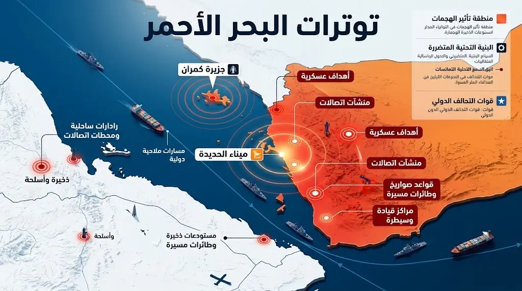 خريطة إنفوجرافيك ثلاثية الأبعاد توضح مواقع الضربات الجوية على ميناء الحديدة وجزيرة كمران وتوترات البحر الأحمر