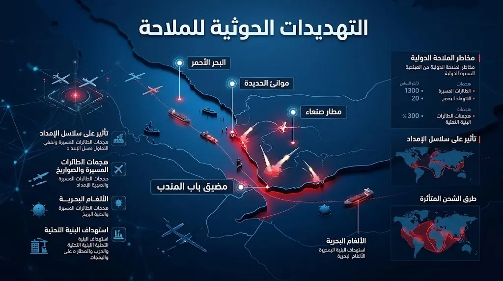 إنفوجرافيك يوضح خريطة البحر الأحمر ومضيق باب المندب والمقدرات اليمنية المهددة من قبل ميليشيا الحوثي كالموانئ والمطارات.