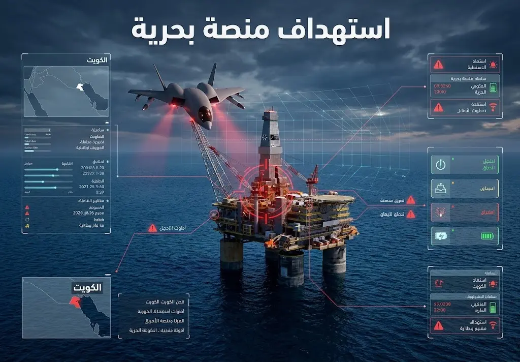 إنفوجرافيك وتصميم تعبيري يوضح اقتراب طائرة مسيرة معادية من منصة حفر بحرية تابعة للكويت، مع إبراز المؤشرات التحذيرية.