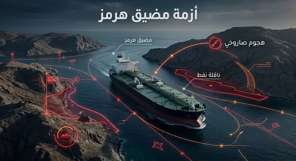 تصميم ثلاثي الأبعاد مدمج مع رسوم بيانية يجسد ناقلة نفط في مضيق هرمز مع إشارات بصرية توضح تعرضها لهجوم صاروخي.