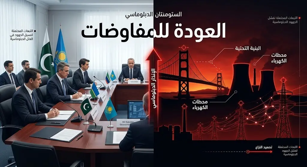 مشهد تعبيري يظهر التناقض بين طاولة المفاوضات الدبلوماسية وتهديدات تدمير البنية التحتية ومحطات الكهرباء، مصحوباً بتسميات عربية.