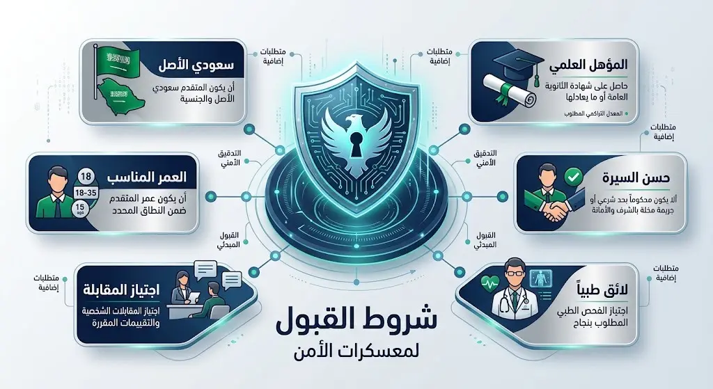 تصميم مرئي يستعرض شروط القبول في المعسكرات الأمنية مثل الجنسية السعودية واللياقة الطبية وحسن السيرة