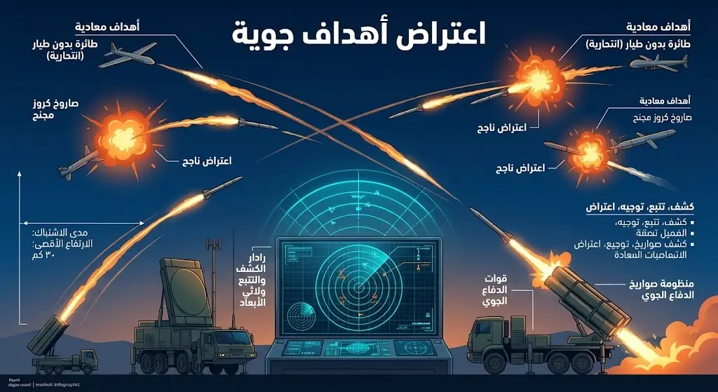 تصميم بصري يجسد اعتراض منظومات الدفاع الجوي الكويتي لأهداف جوية معادية في سماء البلاد وتدميرها.