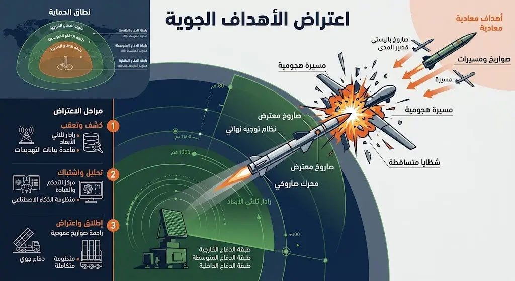 إنفوجرافيك يوضح عملية اعتراض صواريخ وطائرات مسيرة في الجو وتناثر الشظايا.