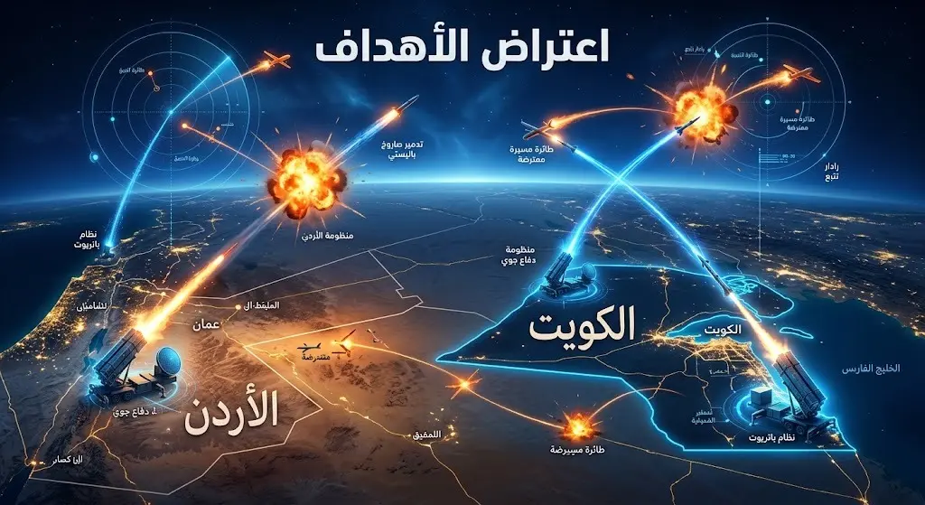تصميم تعبيري يظهر منظومات الدفاع الجوي وهي تعترض صواريخ وطائرات مسيرة معادية في سماء الكويت والأردن.