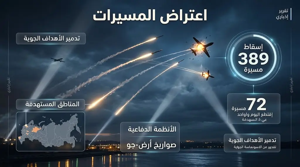 إنفوجرافيك خبري يجسد تصدي الدفاعات الجوية الروسية لمئات الطائرات المسيرة الأوكرانية، مع إبراز حصيلة المسيرات المعترضة.