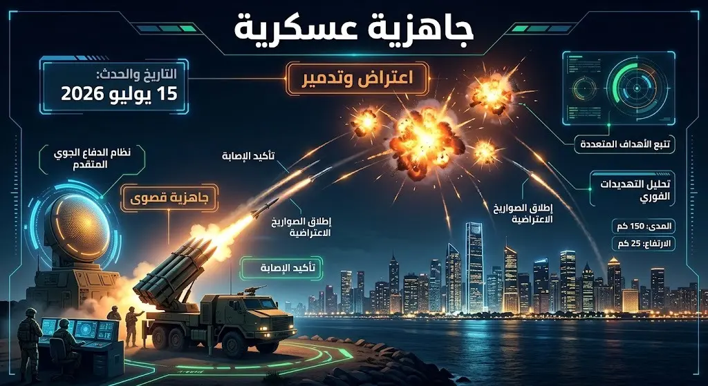 تصميم بصري يجسد الجاهزية العسكرية لقوة دفاع البحرين ونجاح منظومات الدفاع الجوي في اعتراض الأهداف الجوية المعادية وتدميرها.