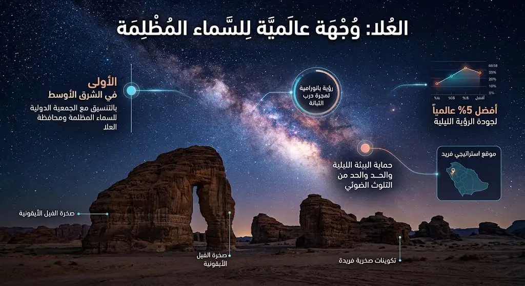 تصميم إنفوجرافيك يدمج التشكيلات الصخرية في العُلا مع سماء ليلية مضيئة بنجوم درب التبانة، ويبرز نصوصاً توضح اعتماد العُلا كوجهة دولية للسماء المظلمة.