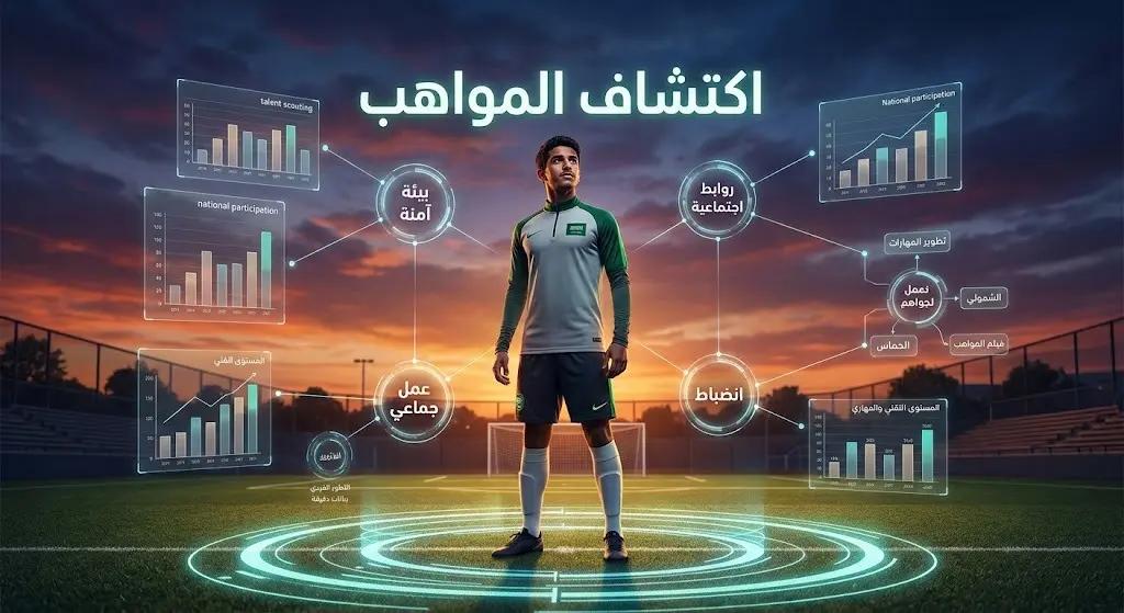 تصميم تعبيري وإنفوجرافيك يظهر شاباً رياضياً في ملعب مضاء تتطاير حوله كلمات مفتاحية تبرز الآثار الاجتماعية مثل الانضباط والعمل الجماعي واكتشاف المواهب.