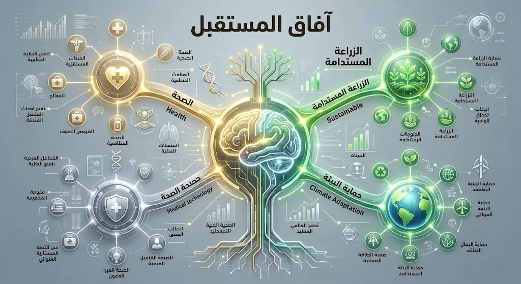 رسم تعبيري مستقبلي يوضح المجالات الحيوية التي سيساهم فيها الطلبة الموهوبون كالصحة والزراعة المستدامة والبيئة.