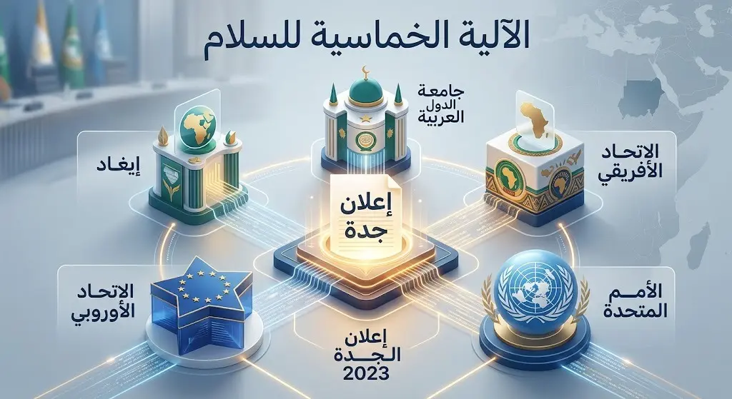 تصميم بياني يمثل الجهود الدبلوماسية للآلية الخماسية التي تضم جهات دولية وإقليمية متعددة، وترتكز على مقررات إعلان جدة لحل الأزمة في السودان.