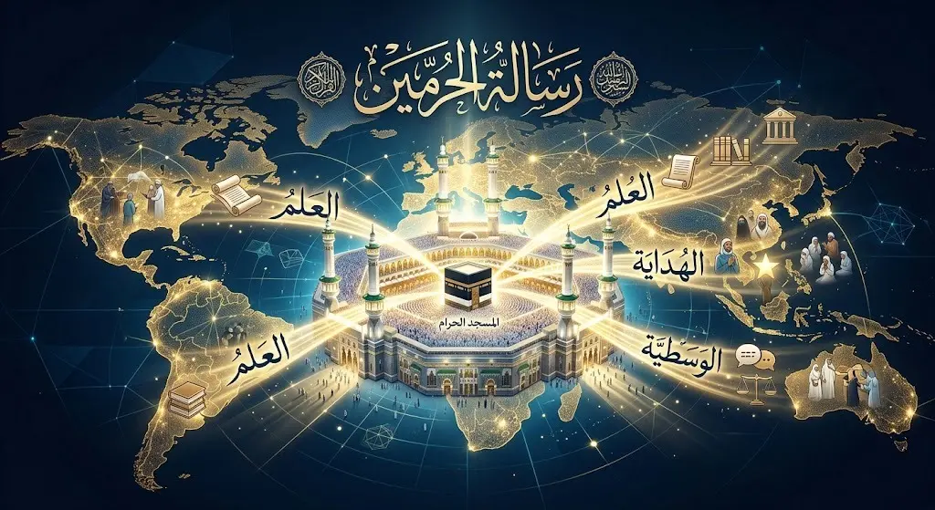 تصميم فني يجسد الأبعاد الاستراتيجية لرسالة الحرمين الشريفين في نشر الوسطية والاعتدال للعالم