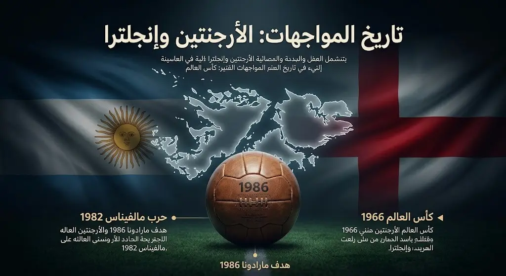 إنفوجرافيك إبداعي يستعرض المحطات التاريخية البارزة في الصراع بين الأرجنتين وإنجلترا كروياً وسياسياً.