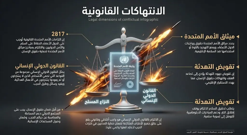 إنفوجرافيك يوضح الأبعاد القانونية للانتهاكات وميثاق الأمم المتحدة وقرار مجلس الأمن رقم 2817 في مواجهة التصعيد العسكري.