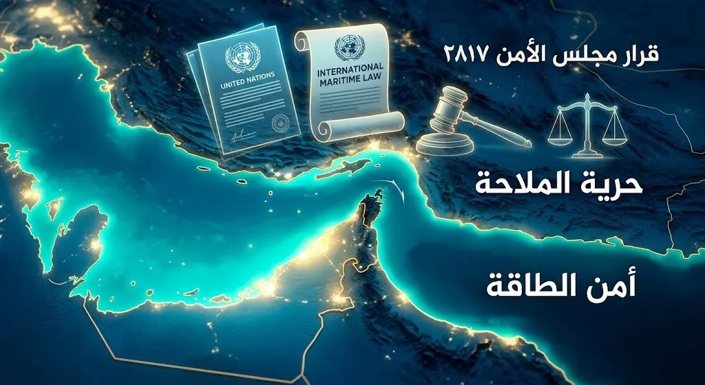 تصميم تعبيري يدمج خريطة مضيق هرمز مع رموز القانون الدولي وقرارات مجلس الأمن، مبرزاً أهمية حرية الملاحة وأمن الطاقة.