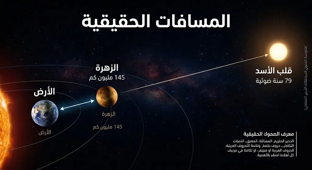 إنفوجرافيك فضائي يوضح التفاوت الكبير في المسافة بين الأرض والزهرة من جهة، ونجم قلب الأسد من جهة أخرى.