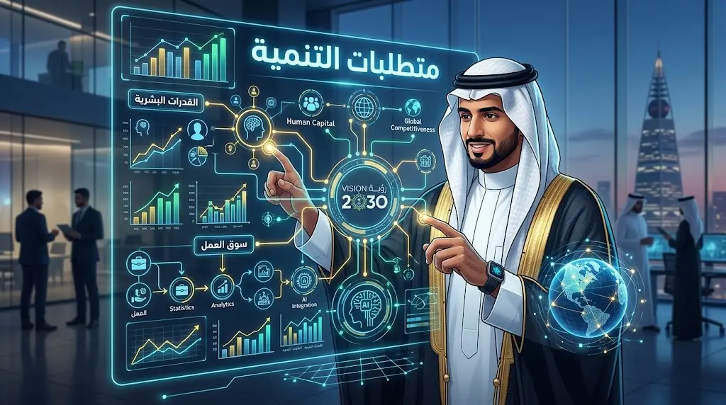 تصميم تعبيري رقمي يظهر تكامل مخرجات الإطار الوطني للمؤهلات مع مستهدفات التنمية ورؤية السعودية 2030.