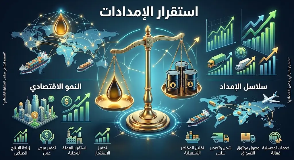 إنفوجرافيك يوضح التوازن بين استقرار إمدادات النفط العالمية وانخفاض تكاليف الشحن وسلاسل الإمداد لدعم الاقتصاد.