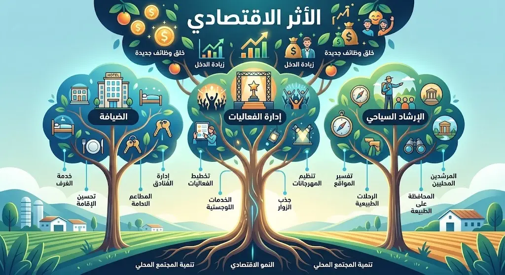 رسم بياني إبداعي يستعرض فرص العمل التي توفرها السياحة الريفية للشباب في قطاعات الضيافة والفعاليات والإرشاد.