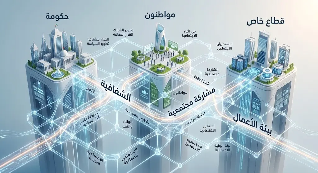 تصميم تعبيري يجسد مبدأ الشفافية والأثر التنظيمي للشراكة بين الجهات الحكومية والقطاع الخاص وأفراد المجتمع.