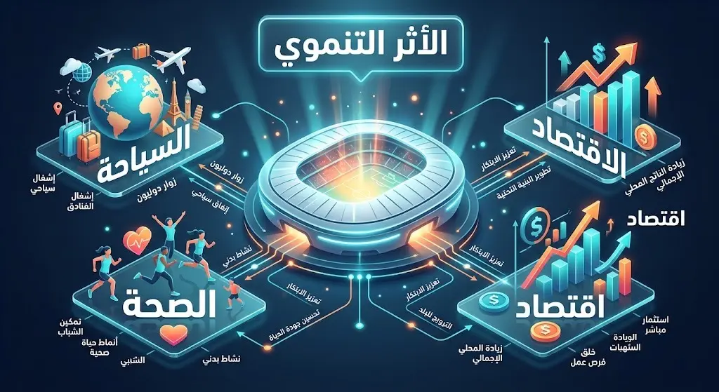 إنفوجرافيك ثلاثي الأبعاد يوضح الأثر التنموي لاستضافة الفعاليات الرياضية الكبرى على قطاعات الاقتصاد والصحة والسياحة
