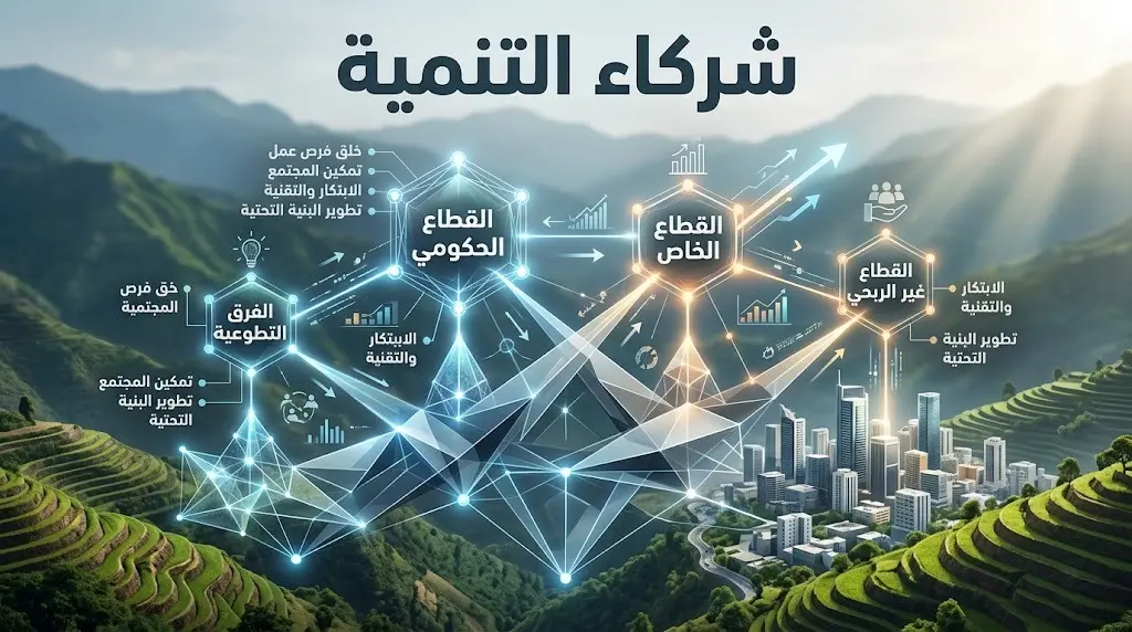تصميم بصري إبداعي يبرز الشراكات الاستراتيجية بين القطاعات الحكومية، والخاصة، وغير الربحية، والفرق التطوعية لتعزيز الأثر التنموي في الباحة.