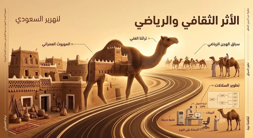 تصميم إبداعي يدمج بين الهجن والتراث المعماري الطيني لنجران للتعبير عن الأثر الثقافي لرياضة الهجن.