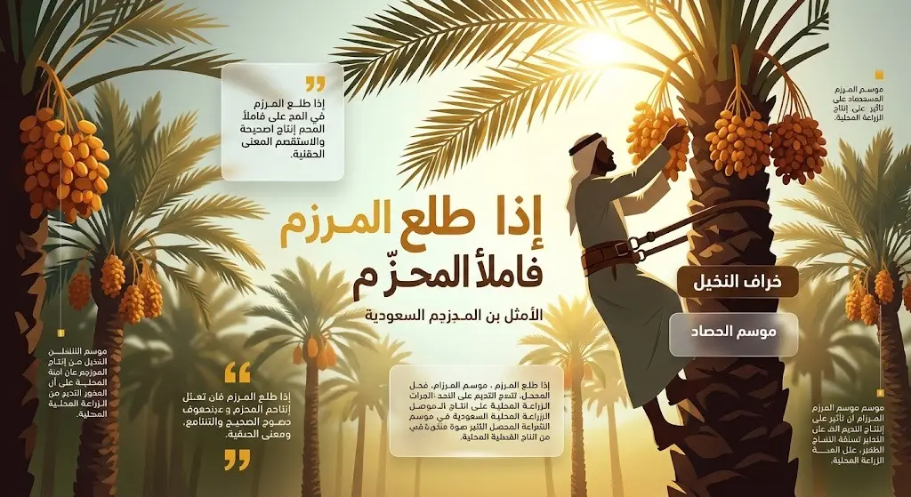 تصميم فني يبرز الأثر الزراعي لموسم المرزم وعملية خراف النخيل متضمناً المثل الشعبي إذا طلع المرزم فاملأ المحزم.