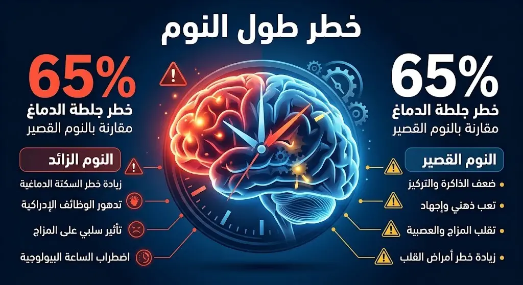 إنفوجرافيك يوضح أن طول النوم يرفع خطر الإصابة بجلطة الدماغ بنسبة 65% مقارنة بالنوم القصير.