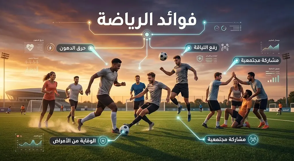 صورة تعبيرية وإنفوجرافيك يبرز الفوائد الصحية والبدنية لممارسة الرياضة والمشاركة المجتمعية.
