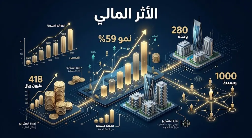 إنفوجرافيك مالي ثلاثي الأبعاد يستعرض أبرز أرقام الشراكات التشغيلية، متضمناً مبيعات بقيمة 418 مليون ريال ونمو بنسبة 59% عبر الوسطاء.