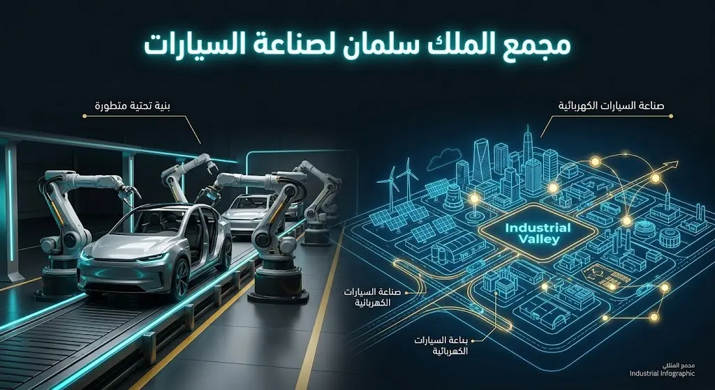 تصميم بصري إبداعي يبرز الأثر المستقبلي لتطوير البنية التحتية في الوادي الصناعي، مع التركيز على مجمع الملك سلمان لصناعة السيارات الكهربائية.